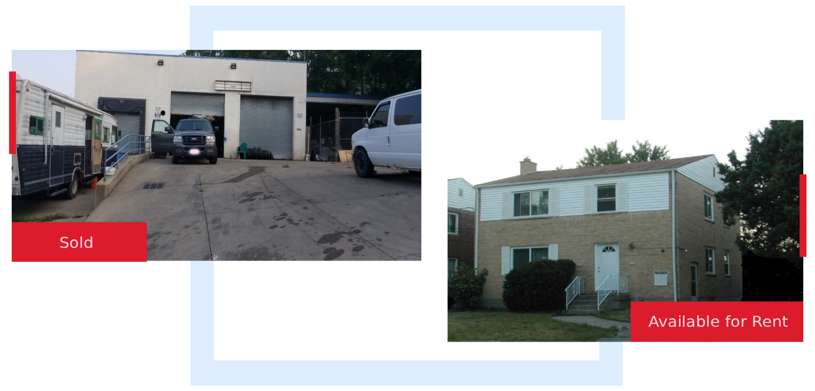 Two images of residential buildings and vehicles in a driveway.