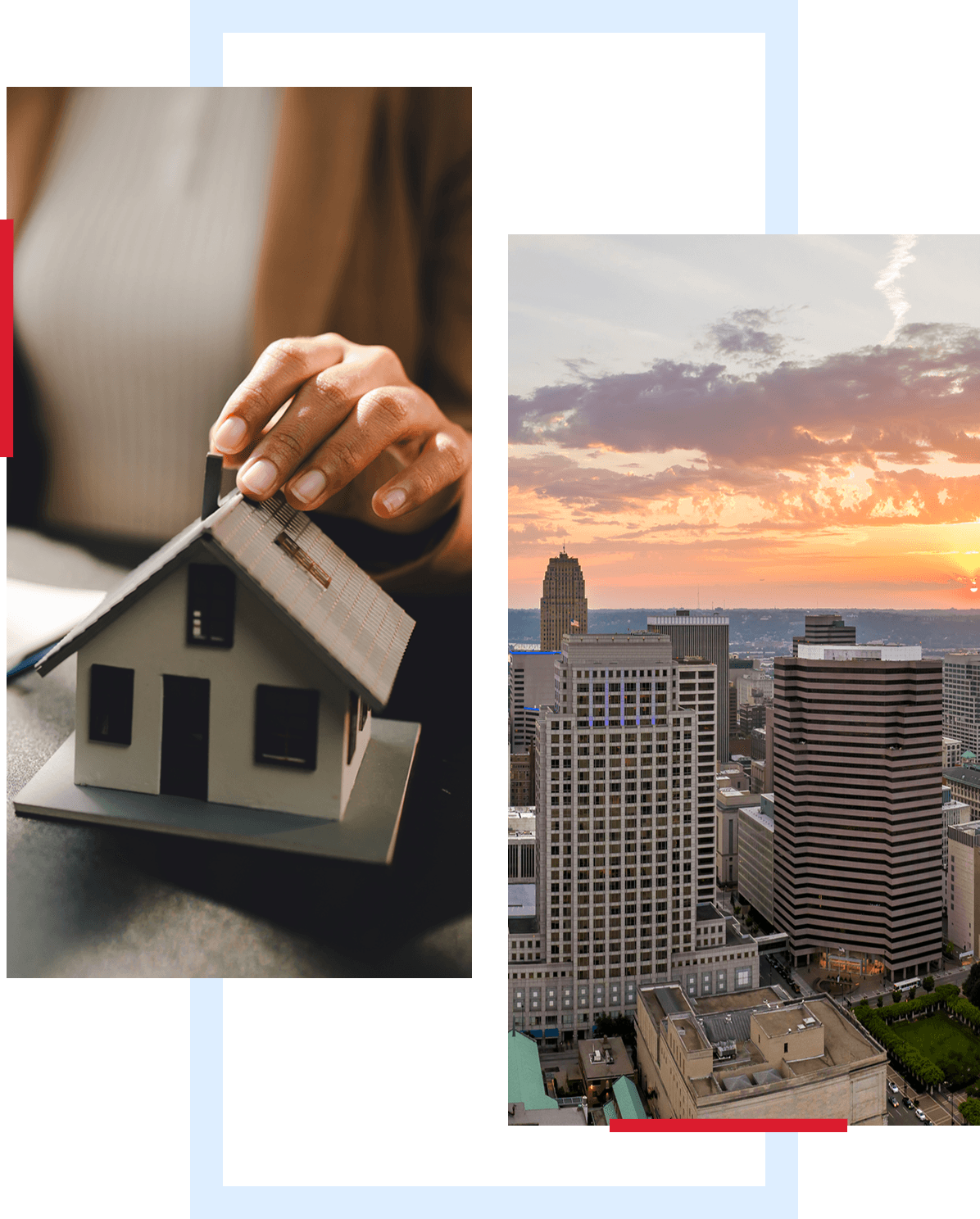 Hand holding a small house model with keys on a table.