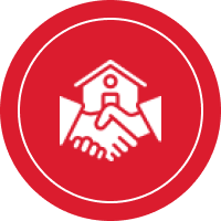 White handshake and house icon inside a red circle logo.