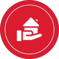 White hand holding a house icon on a red circular background.