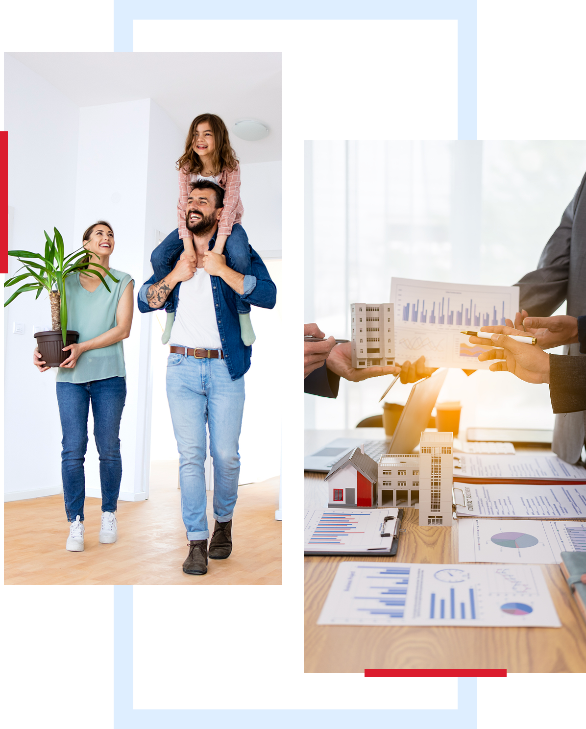 Happy family carrying plants in a bright room.