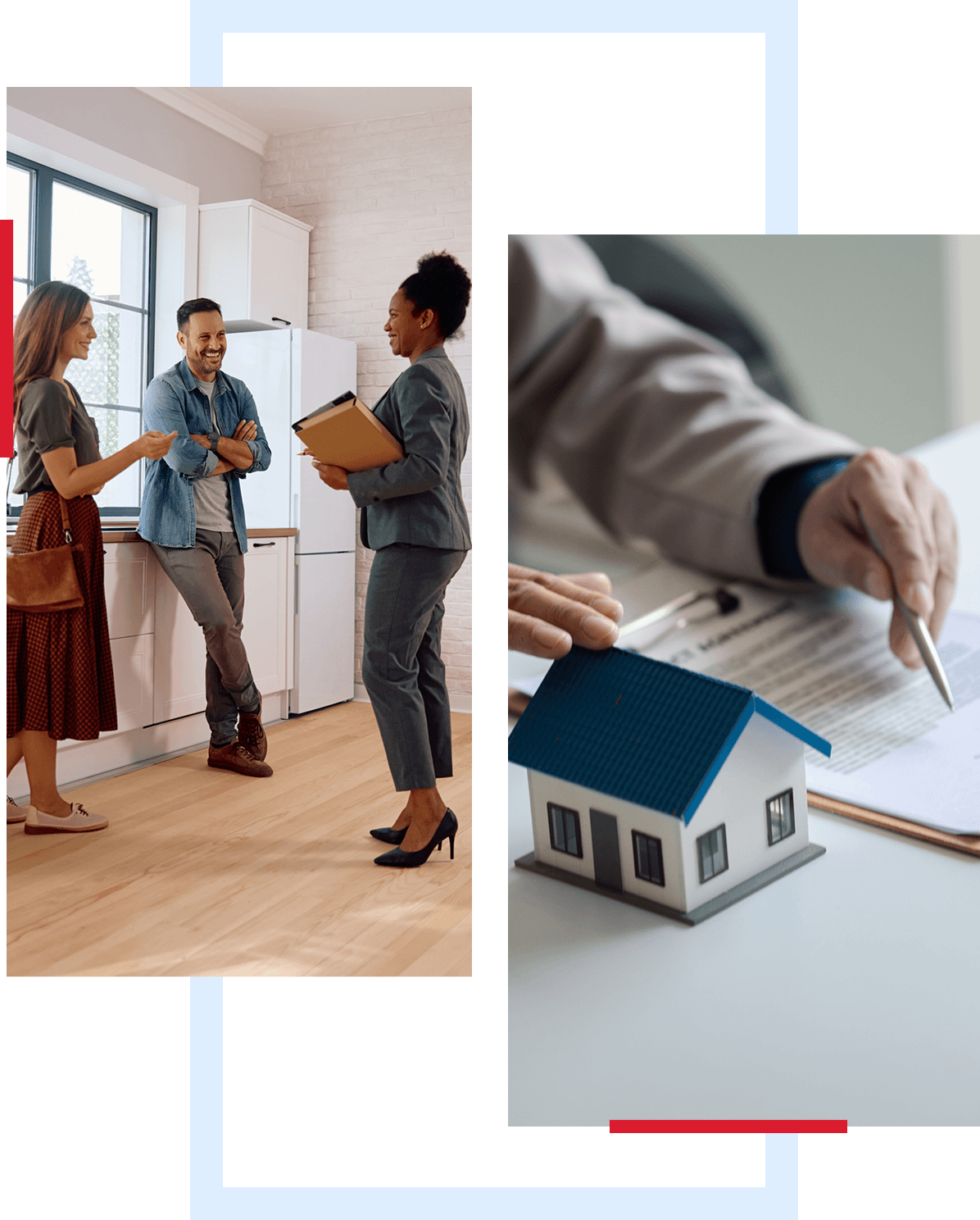 Real estate agents discussing property details inside a home.