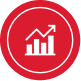 Red circular icon with an upward trending bar chart and arrow.