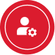 White user profile icon with a gear on a red circular background.