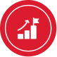 Red icon showing upward growth with bar chart and arrow.